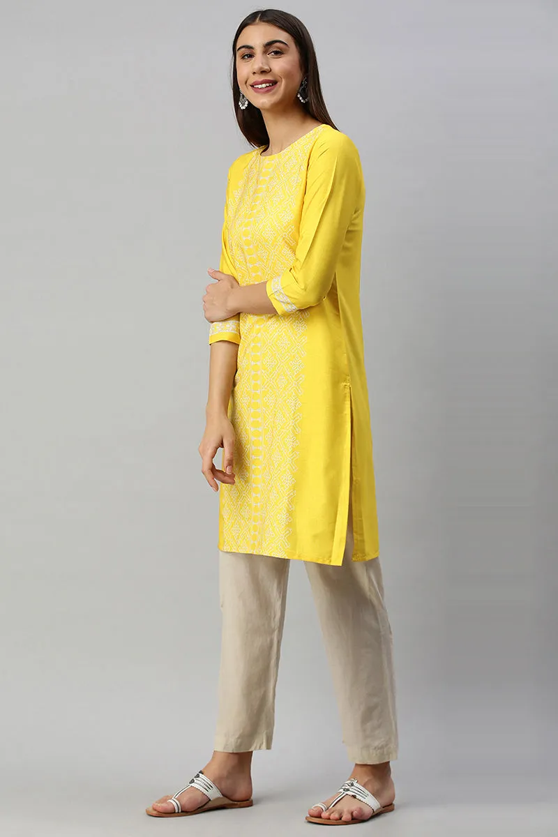 Yellow Poly Crepe Abstract Print Straight Kurti