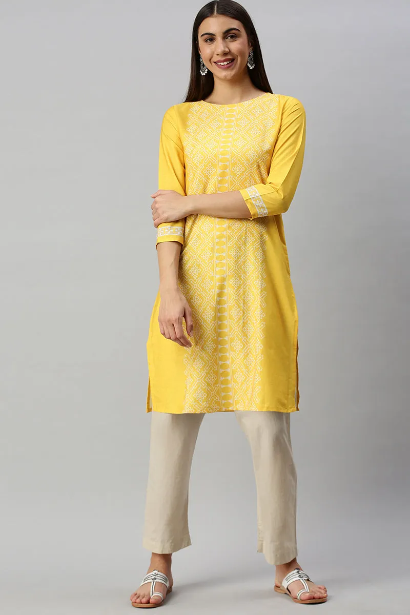 Yellow Poly Crepe Abstract Print Straight Kurti