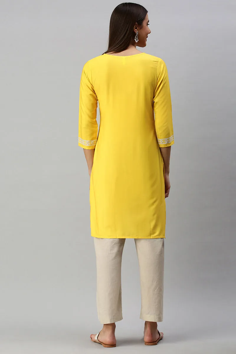 Yellow Poly Crepe Abstract Print Straight Kurti